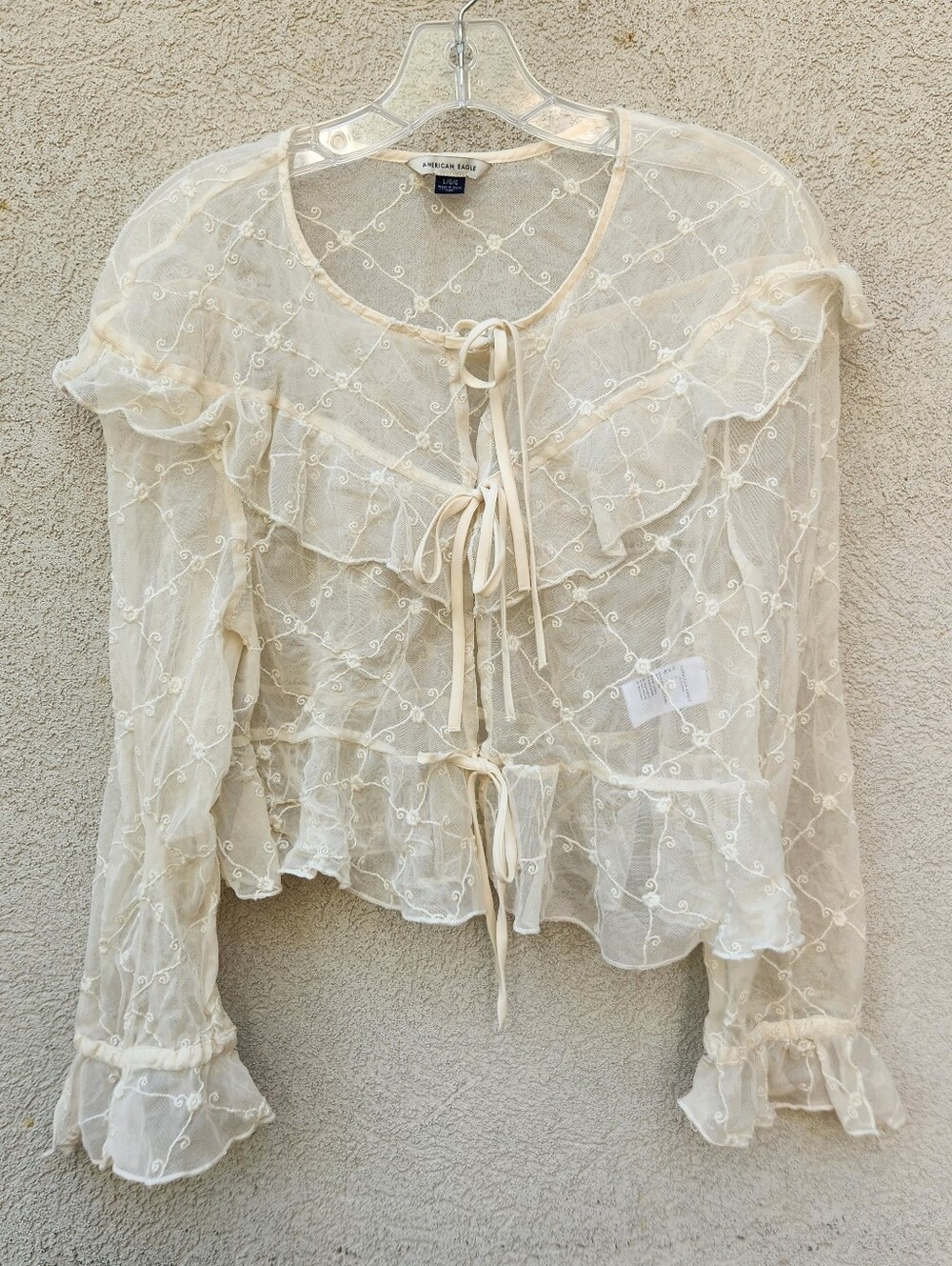 AMERICAN EAGLE Womens Blouse Large Cream Lacy Ruffled Embroidered Tied-Front Top